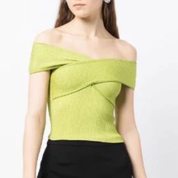 NWT Self-Portrait Draped Off-Shoulder Top Small Lime Metallic - Picture 1 of 14